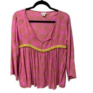 Natural Life Flare Sleeve Pom Pom Trim Floral Print Top Pink Small / Medium